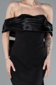 Black Satin Boat Neck Tail Long Mermaid Evening Dress ABU4797