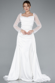 White Sequin Long Sleeves Tail Satin Mermaid Evening Gown ABU4332