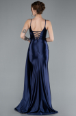 Navy Blue Back And Leg Cleavage Long Satin Prom Gown ABU4814