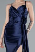 Navy Blue Back And Leg Cleavage Long Satin Prom Gown ABU4814