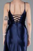 Navy Blue Back And Leg Cleavage Long Satin Prom Gown ABU4814