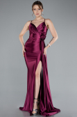 Cherry Colored Back And Leg Cleavage Long Satin Prom Gown ABU4814