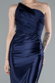 Navy Blue One Shoulder Slit Long Satin Mermaid Prom Dress ABU4817