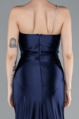 Navy Blue One Shoulder Slit Long Satin Mermaid Prom Dress ABU4817