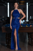 Sax Blue Halter Neck Slit Long Glitter Mermaid Evening Gown ABU4766