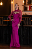 Fuchsia Long Sleeve Bustier Detailed Sequin Train Satin Evening Gown ABU4765