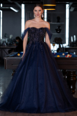 Navy Blue Off The Shoulder Stoned Ball Gown Prom Dress ABU4762