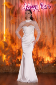 White Long Sleeve Bustier Detailed Sequin Train Satin Evening Gown ABU4765