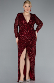 Burgundy Long Sleeve V Neck Scaly Plus Size Evening Gown ABU4764