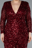 Burgundy Long Sleeve V Neck Scaly Plus Size Evening Gown ABU4764
