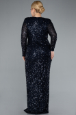 Navy Blue Long Sleeve V Neck Scaly Plus Size Evening Gown ABU4764