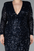Navy Blue Long Sleeve V Neck Scaly Plus Size Evening Gown ABU4764