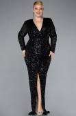Black Long Sleeve V Neck Scaly Plus Size Evening Gown ABU4764