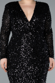 Black Long Sleeve V Neck Scaly Plus Size Evening Gown ABU4764