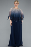 Navy Blue Stone Shawl Detailed Two Piece Long Chiffon Plus Size Evening Gown ABU4820