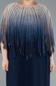 Navy Blue Stone Shawl Detailed Two Piece Long Chiffon Plus Size Evening Gown ABU4820