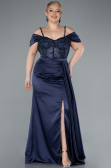 Navy Blue Glittery Underwire Slit Long Satin Plus Size Evening Gown ABU4803