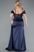 Navy Blue Glittery Underwire Slit Long Satin Plus Size Evening Gown ABU4803