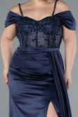 Navy Blue Glittery Underwire Slit Long Satin Plus Size Evening Gown ABU4803