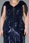 Navy Blue Short Sleeve V Neck Long Sequin Plus Size Evening Gown ABU4821