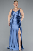 Indigo Back And Leg Cleavage Long Satin Plus Size Prom Gown ABU4815