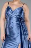 Indigo Back And Leg Cleavage Long Satin Plus Size Prom Gown ABU4815