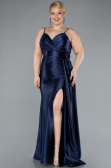 Navy Blue Back And Leg Cleavage Long Satin Plus Size Prom Gown ABU4815