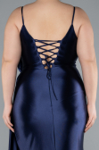 Navy Blue Back And Leg Cleavage Long Satin Plus Size Prom Gown ABU4815