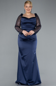 Long Navy Blue Satin Formal Plus Size Dress ABU4670