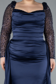 Long Navy Blue Satin Formal Plus Size Dress ABU4670