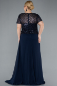 Navy Blue Short Sleeve Beaded Slit Long Plus Size Chiffon Evening Gown ABU4806