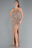 Gold Strapless Underwire Slit Long Sequin Evening Gown ABU4842