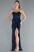 Navy Blue Strapless Underwire Slit Long Sequin Evening Gown ABU4842