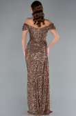Copper Boat Neck Slit Long Sequin Evening Gown ABU4843