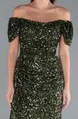 Olive Drab Boat Neck Slit Long Sequin Evening Gown ABU4843