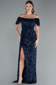 Navy Blue Boat Neck Slit Long Sequin Evening Gown ABU4843
