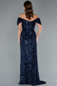 Navy Blue Boat Neck Slit Long Sequin Evening Gown ABU4843