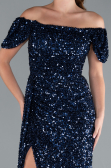 Navy Blue Boat Neck Slit Long Sequin Evening Gown ABU4843