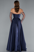 Navy Blue Stoned Strapless Sleeve Accessory Long Taffeta Evening Dress ABU4846
