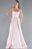 Powder Color Stoned Strapless Sleeve Accessory Long Taffeta Evening Dress ABU4846