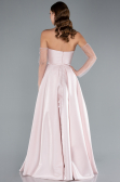 Powder Color Stoned Strapless Sleeve Accessory Long Taffeta Evening Dress ABU4846