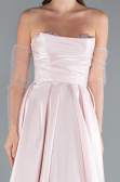 Powder Color Stoned Strapless Sleeve Accessory Long Taffeta Evening Dress ABU4846