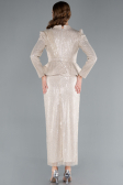 Beige Long Sleeve Stand Collar Midi Beaded Evening Gown ABU4823