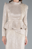 Beige Long Sleeve Stand Collar Midi Beaded Evening Gown ABU4823