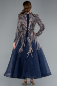 Navy Blue Long Sleeve High Collar Sequined Embroidered Hijab Dress ABK2311
