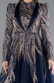 Navy Blue Long Sleeve High Collar Sequined Embroidered Hijab Dress ABK2311