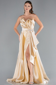 Beige Strapless Slit Long Satin Prom Gown ABU4522