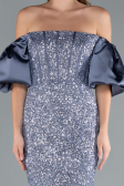 Grey-Indigo Strapless Sleeve Accessories Long Scaly Evening Gown ABU4308