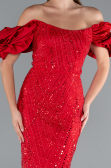 Red Stoned Strapless Sleeve Accessories Long Mermaid Evening Gown ABU4509