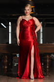 Red Back And Leg Cleavage Long Satin Plus Size Prom Gown ABU4815